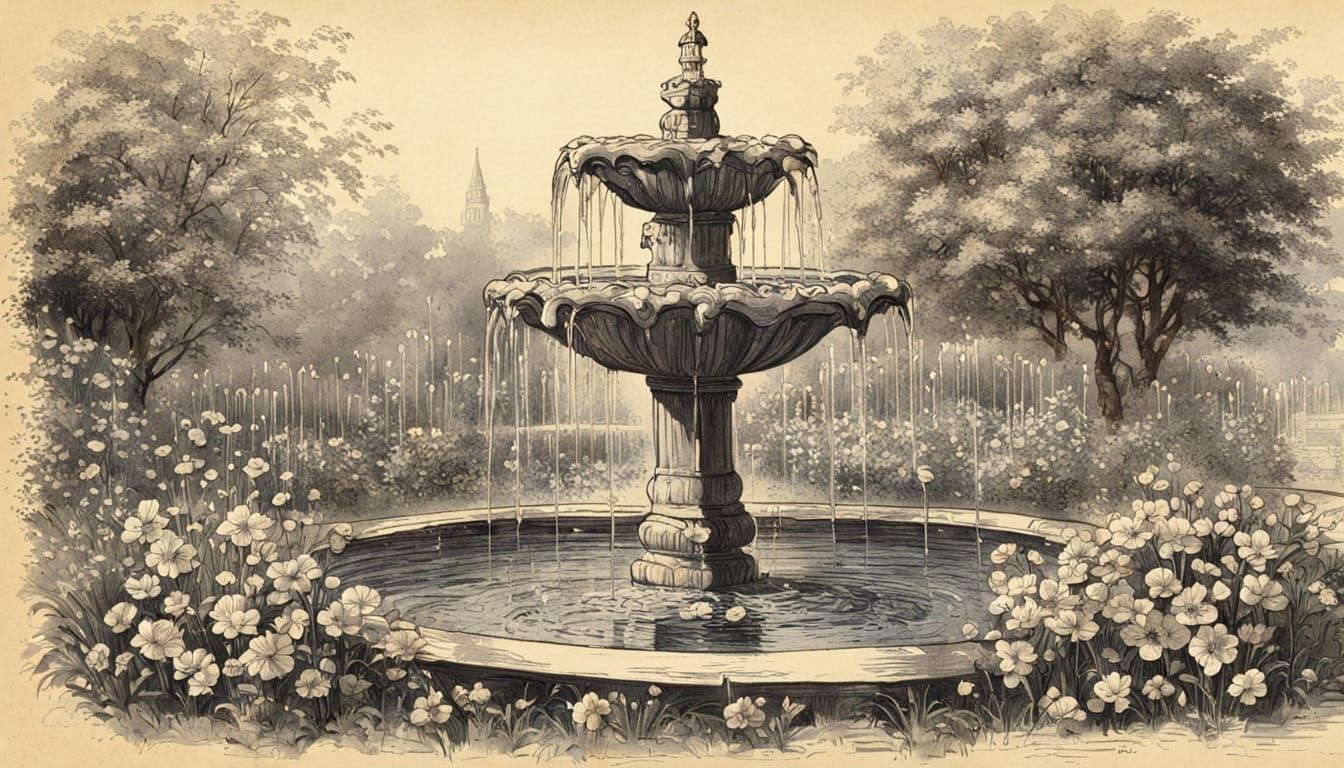 Glowing Fountain in Flower Garden on Antique Book