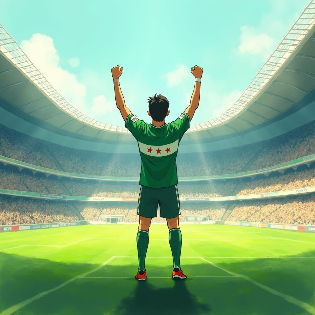 Victorious Footballer Celebrates Goal at Bernabéu Stadium in...