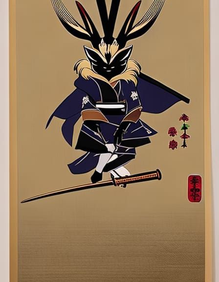 Samurai Jackalope in Kimono with Katana