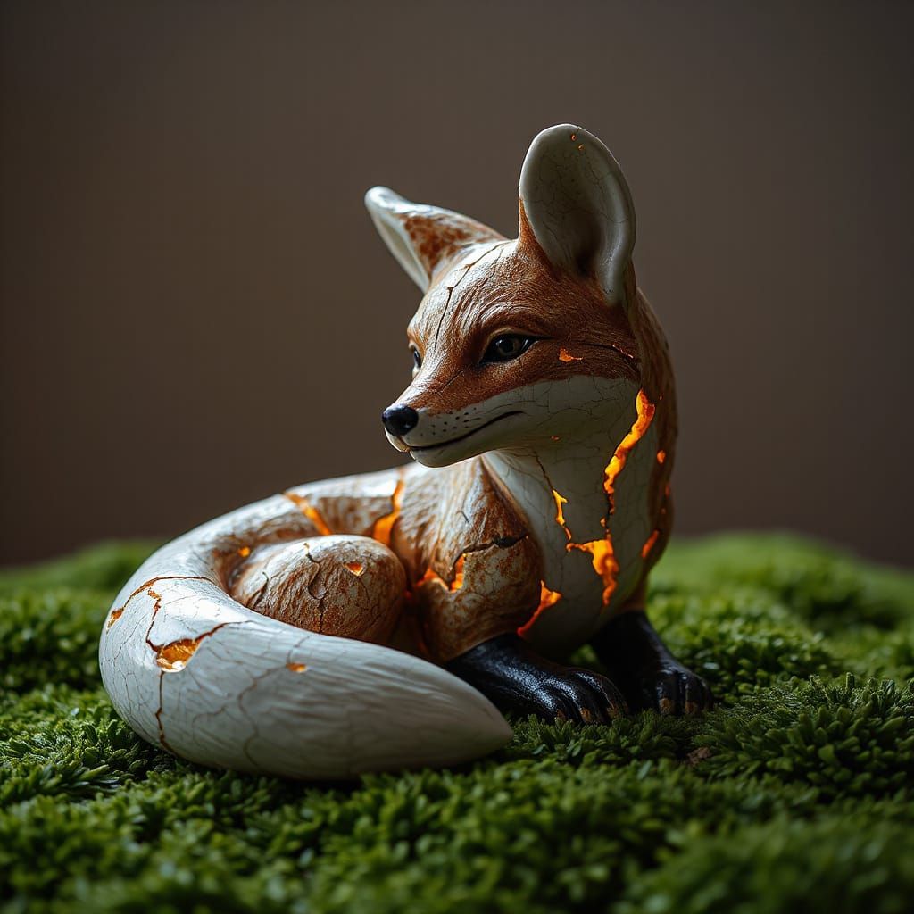 Kintsugi Fox Sculpture in Photorealistic Style