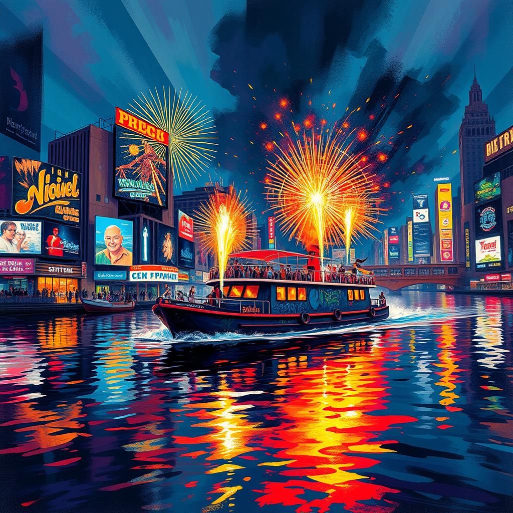 Fireworks Barge Explodes Over City in Street Art