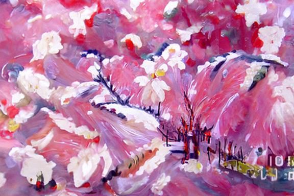 Impressionist Cherry Blossoms in Snow Painting