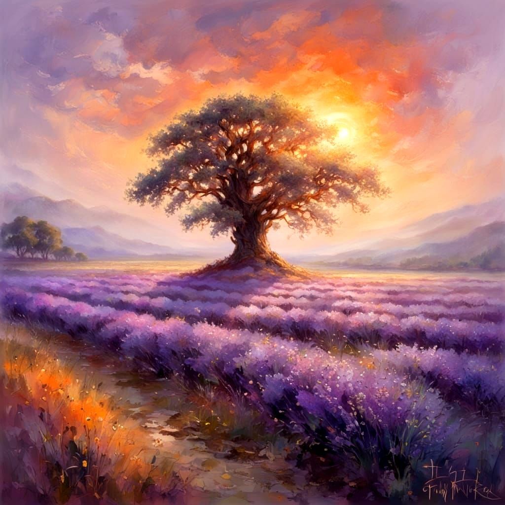 Lavender Field and Oak Tree at Sunrise