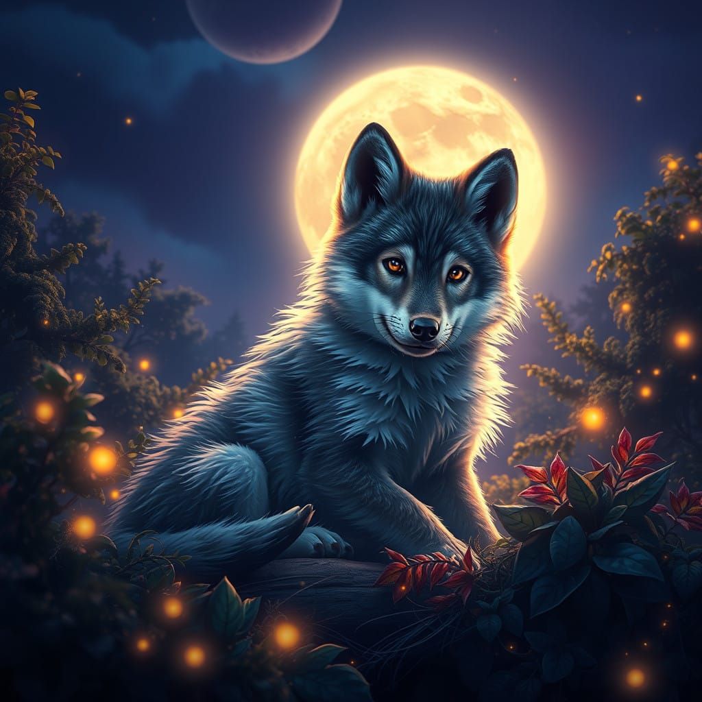 Majestic Wolf Pup under Ethereal Moonlight