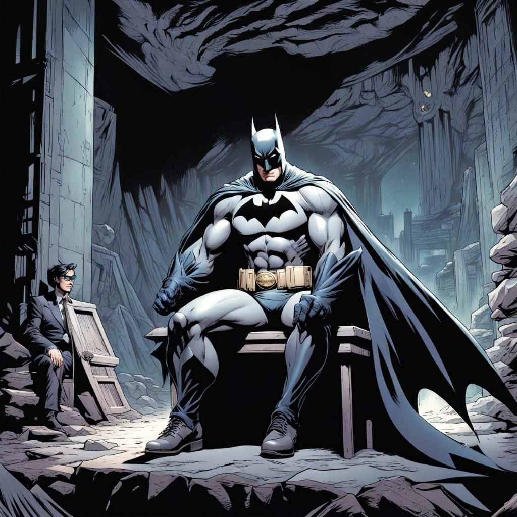 Batman sitting in the Batcave Full body dramatic pose