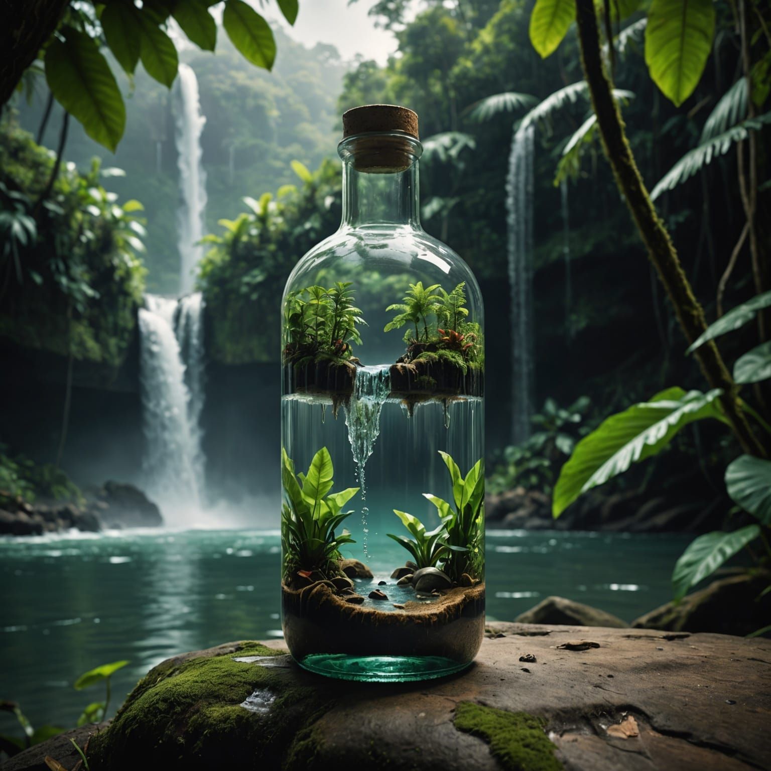 Jungle Waterfall in a Bottle on the Sea