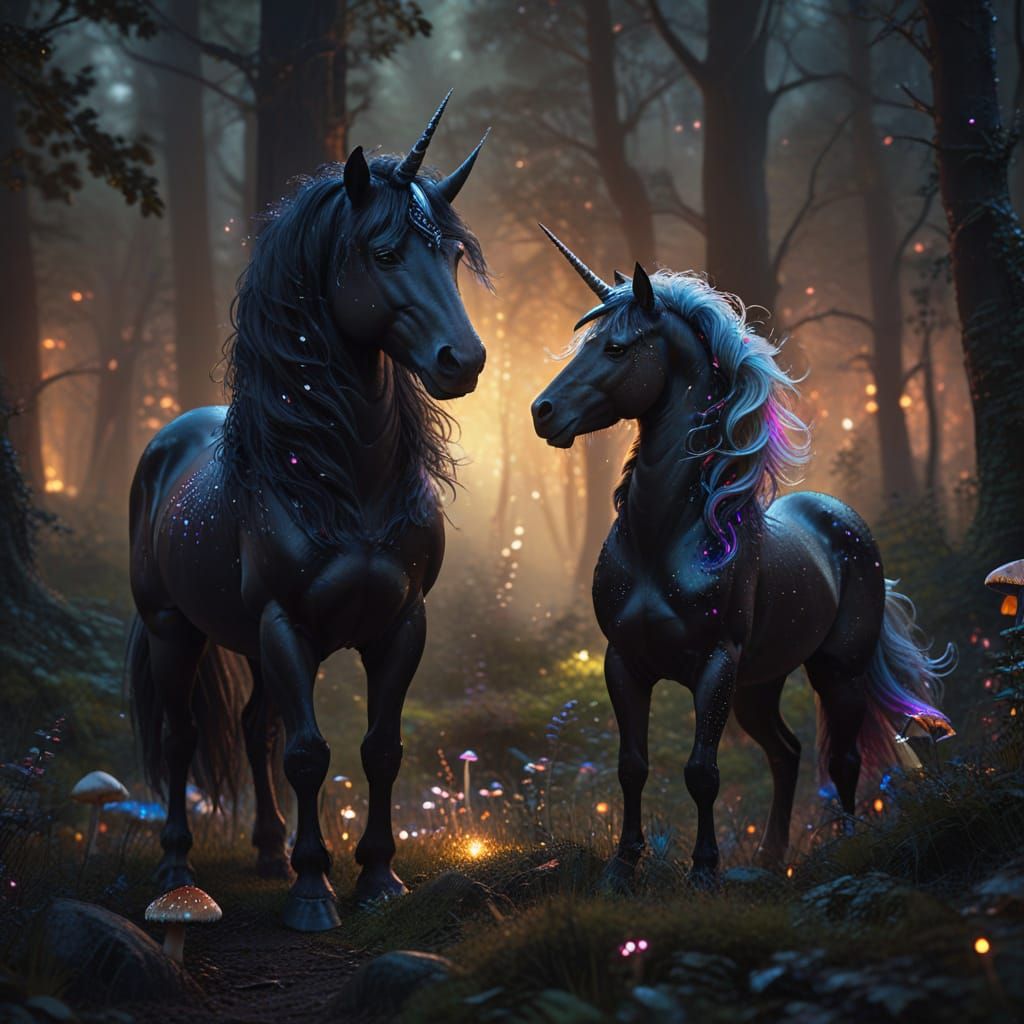 Black Unicorn in Moonlit Clearing Digital Painting
