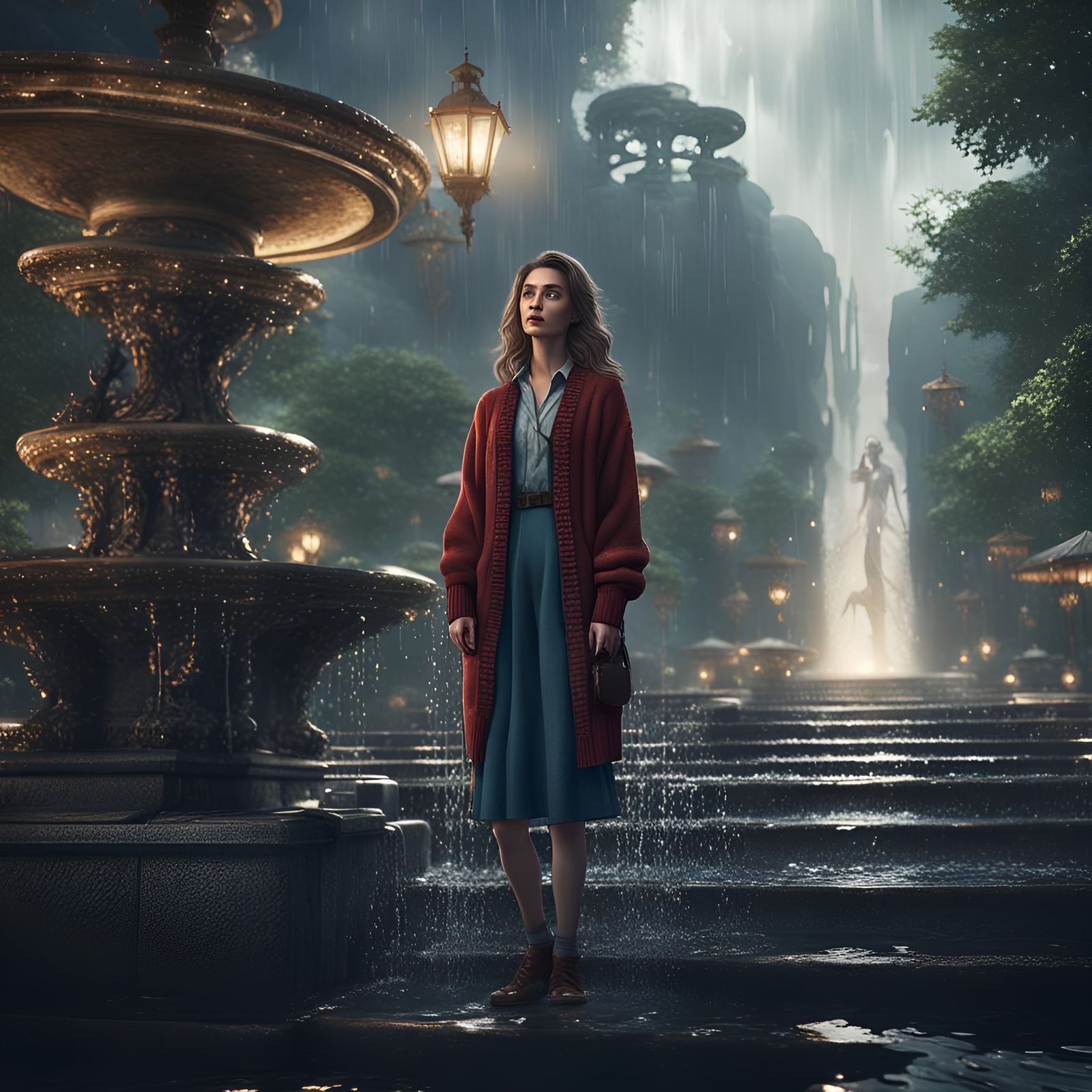 Lady Soaking Under Fountain: Detailed Fantasy Art