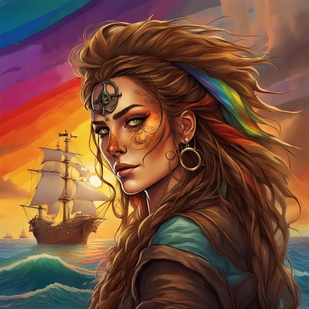 Pirate Queen Leading Voyage on Sunset Ocean