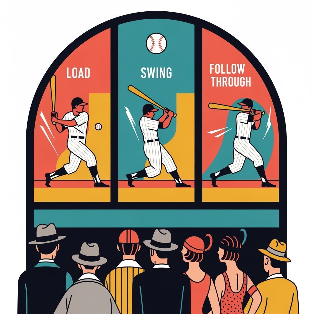 Mid-Century Baseball Phases Illustration in Stylized Arch
