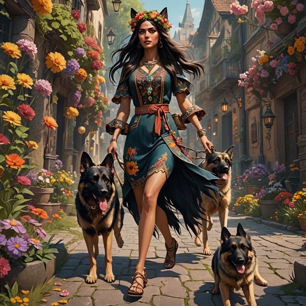 Barefoot Girl with Dogs: 60s Fantasy Art