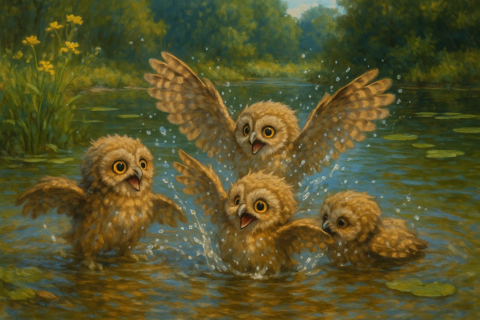 Joyful Owlets Frolicking in Pond Shallows