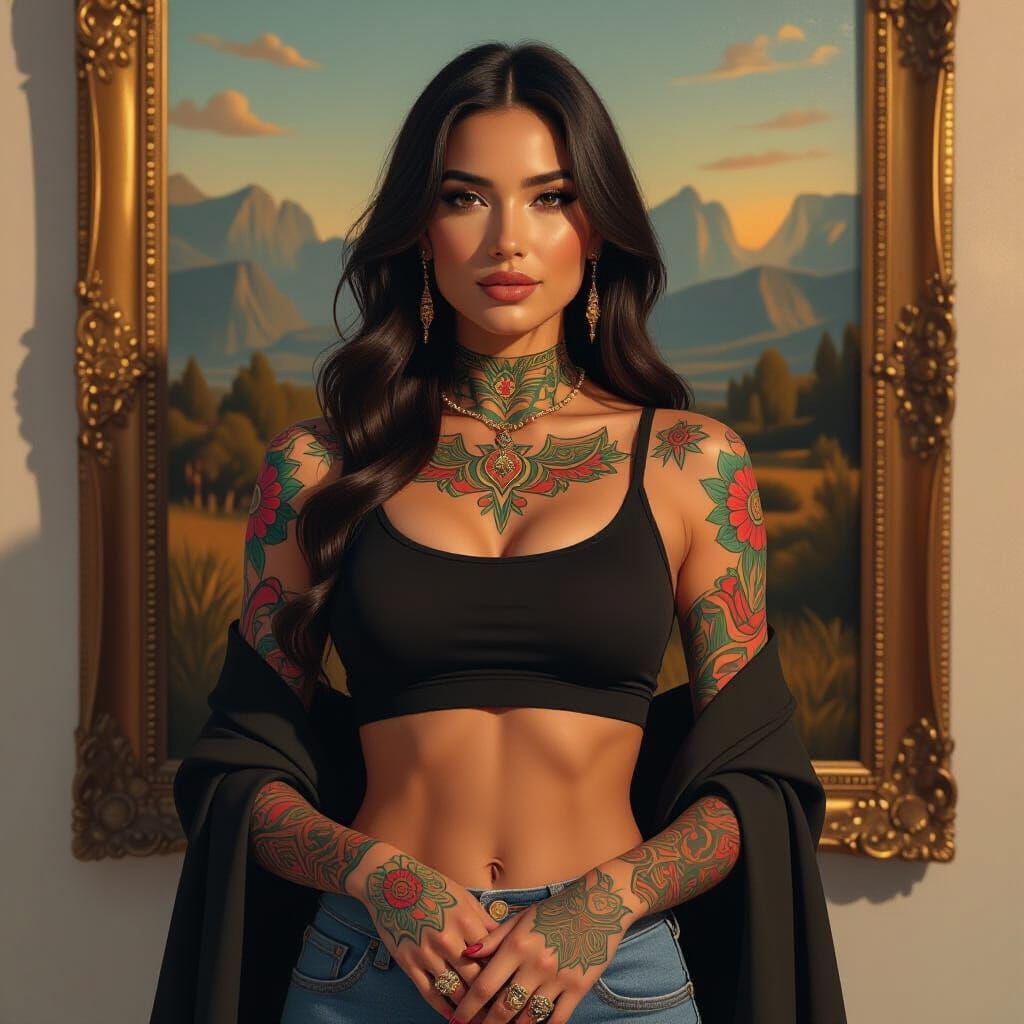 Mona Lisa With Tribal Tattoos in Modern Attire