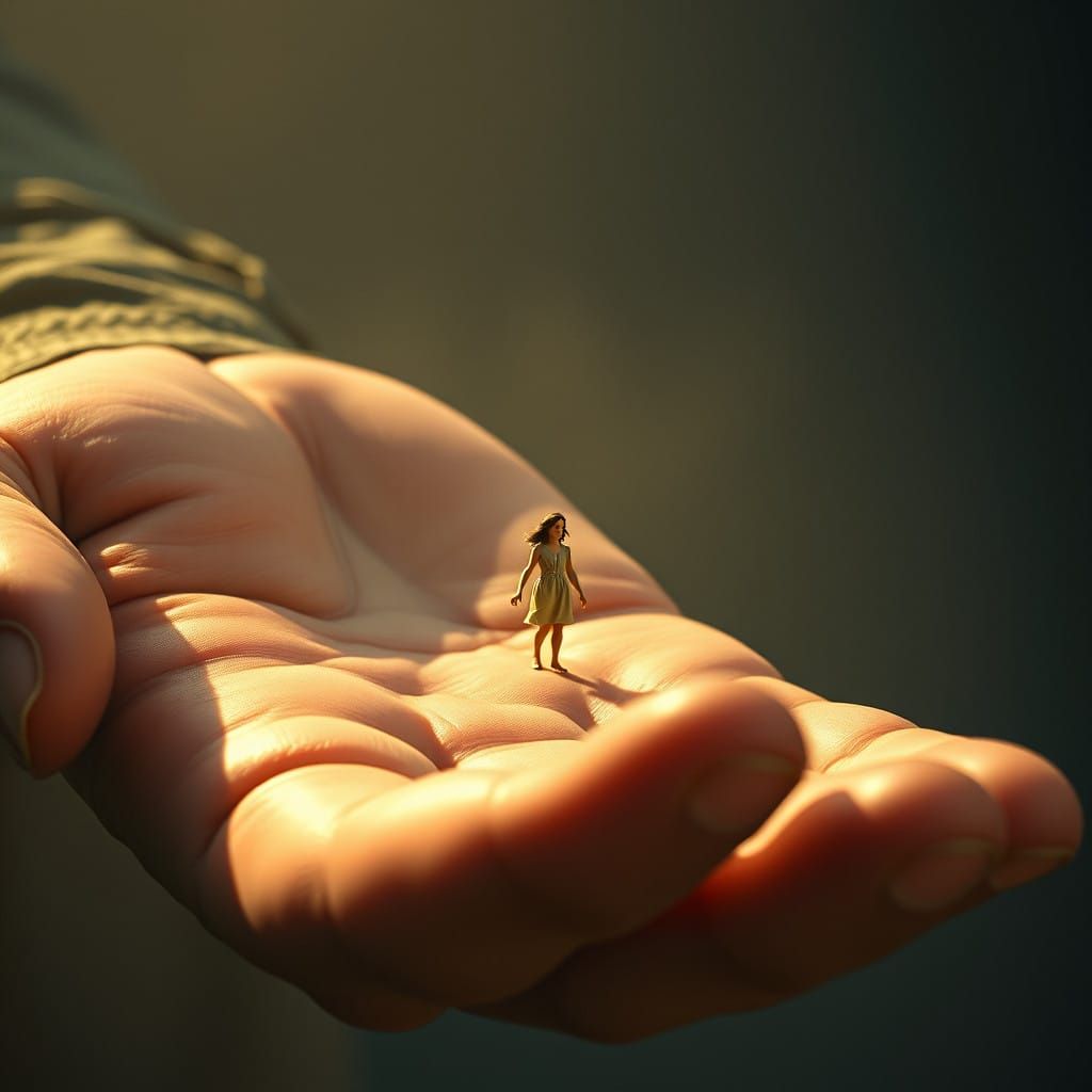 A Tiny Figure on a Giant's Palm in Cinematic Glory