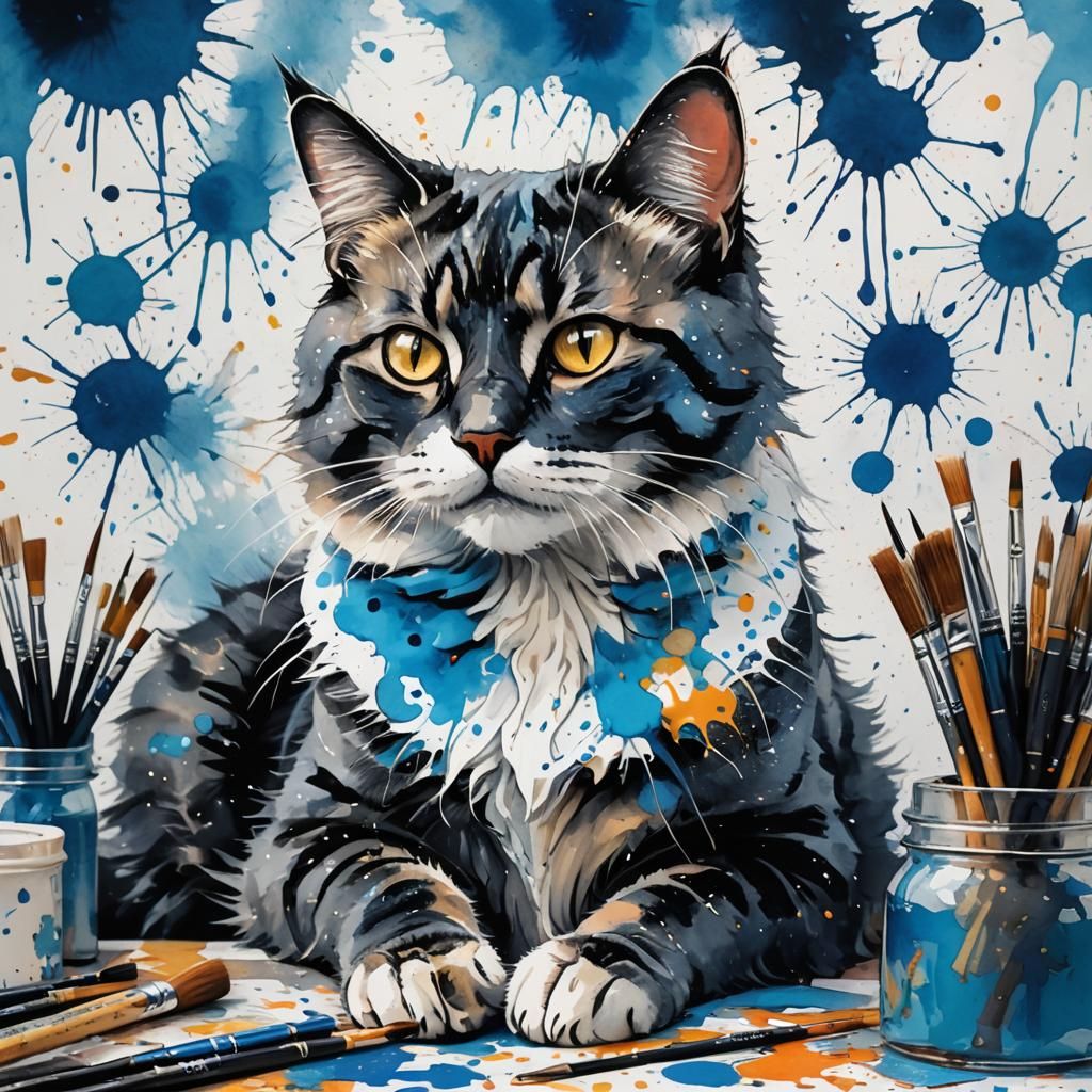 Cat with Ink Splatters, Manga-Inspired Digital Art