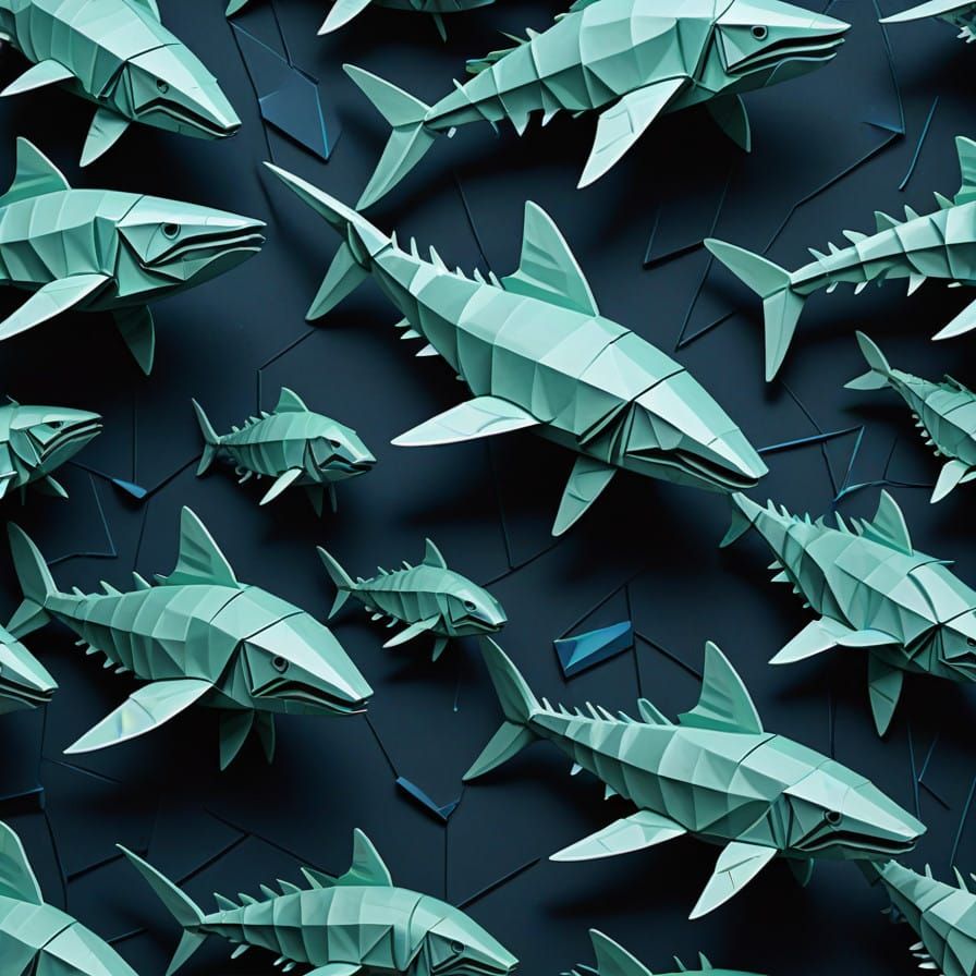 Ethereal Origami Beings Drift in the Dark Blue Abyss