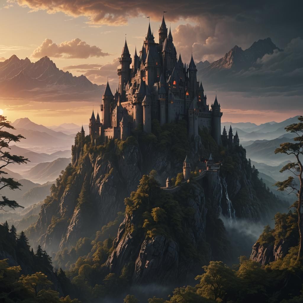 Dramatic Modern Castle Sunrise Digital Matte Painting