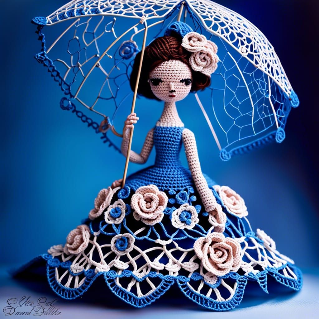 Intricate Crochet Doll with Umbrella in Fantasycore Style