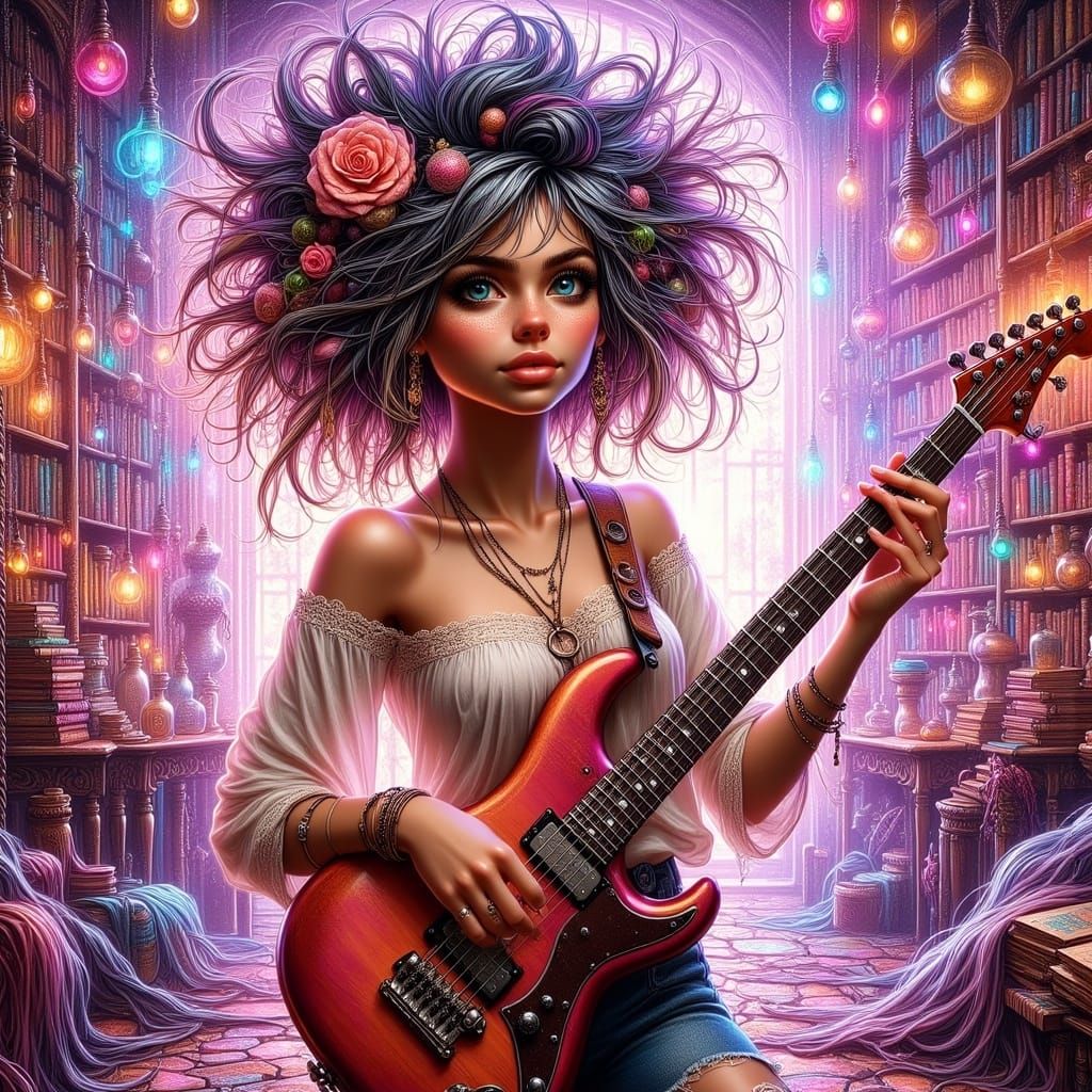 Electric Dreamscape: Young Musician in Whimsical Fantasy