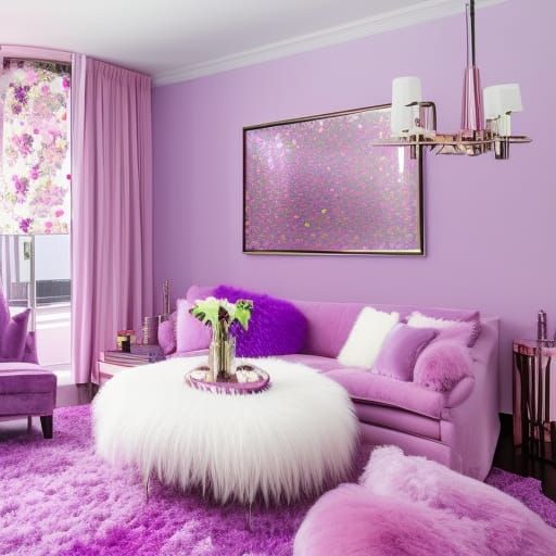 Cotton candy pink penthouse with with fluffy cotton candy pink walls with lilac purple accents& Rainbow metallic windows...