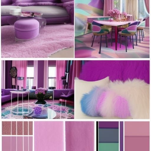 Cotton candy pink penthouse with with fluffy cotton candy pink walls with lilac purple accents& Rainbow metallic windows...