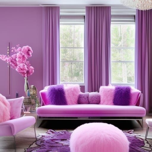 Cotton candy pink penthouse with with fluffy cotton candy pink walls with lilac purple accents& Rainbow metallic windows...
