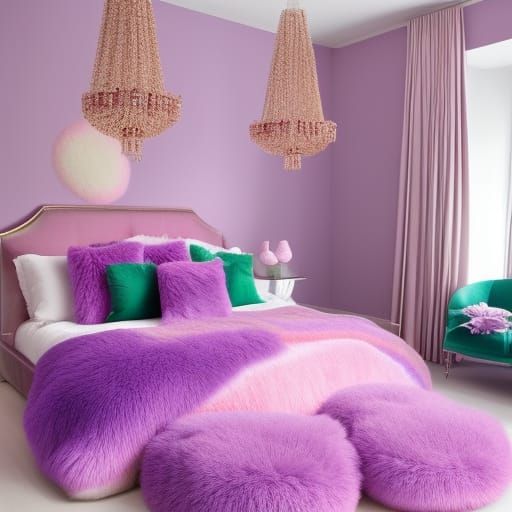 Cotton candy pink penthouse with with fluffy cotton candy pink walls with lilac purple accents& Rainbow metallic windows...