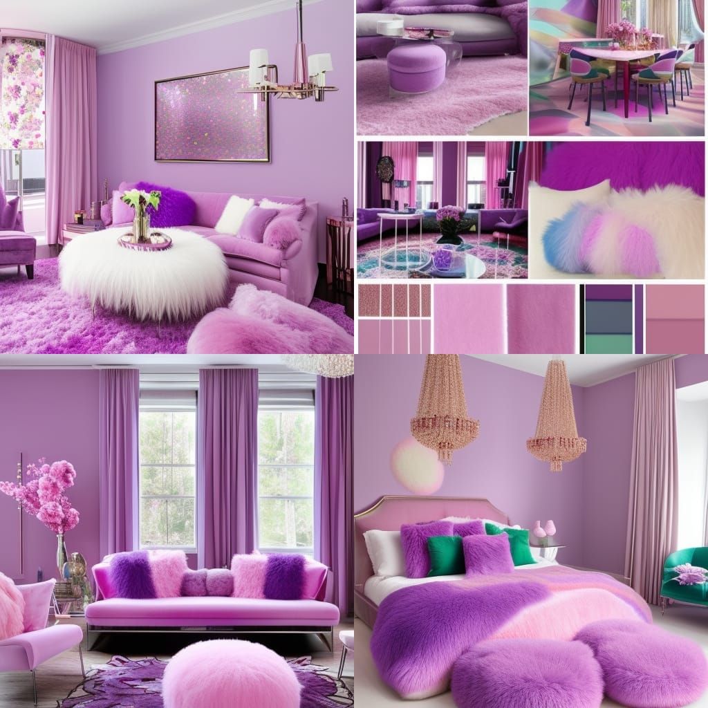 Cotton candy pink penthouse with with fluffy cotton candy pink walls with lilac purple accents& Rainbow metallic windows...