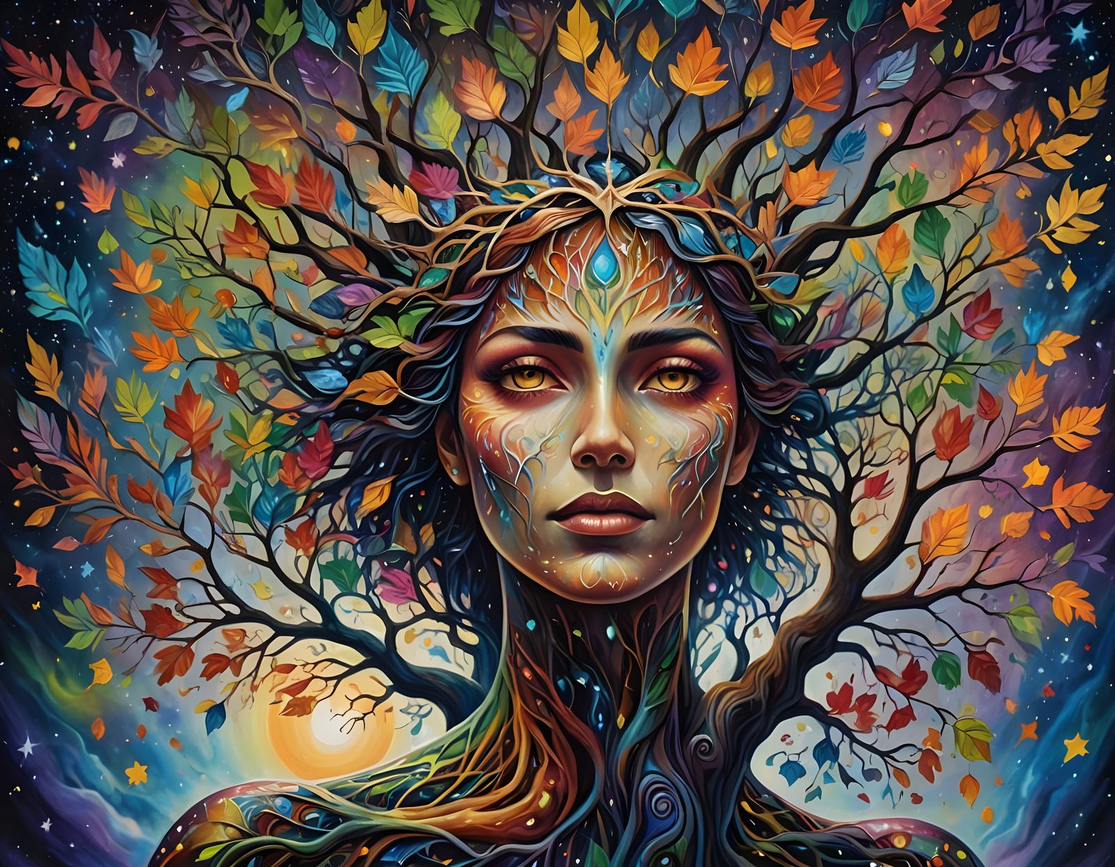 Rainbow Tree Woman: Cosmic Oil Painting