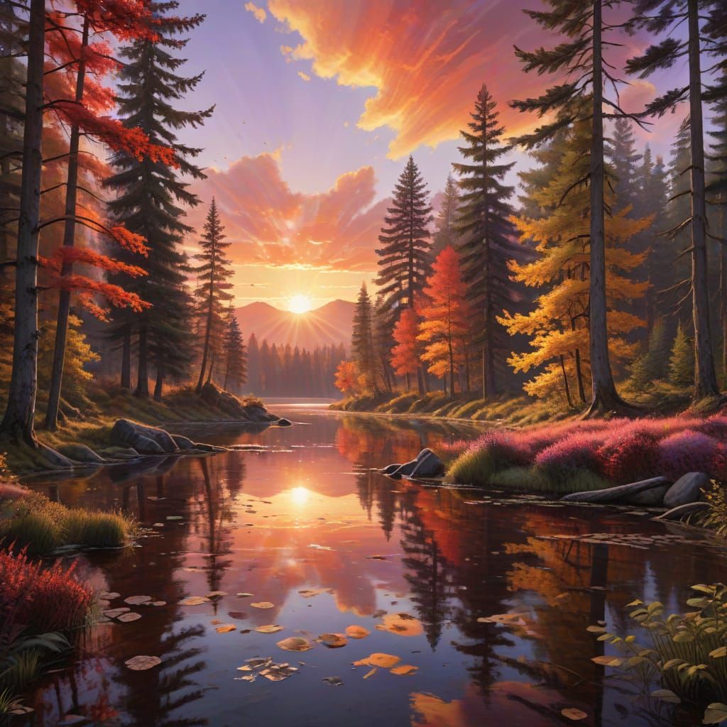 Beautiful autumn landscape: dense forest, serene lake, breat...