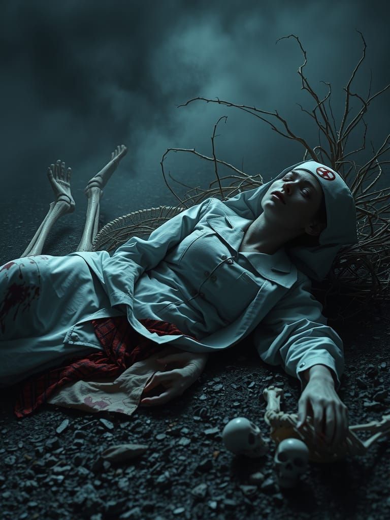 Wounded Nurse and Skeleton in Gothic Horror Style