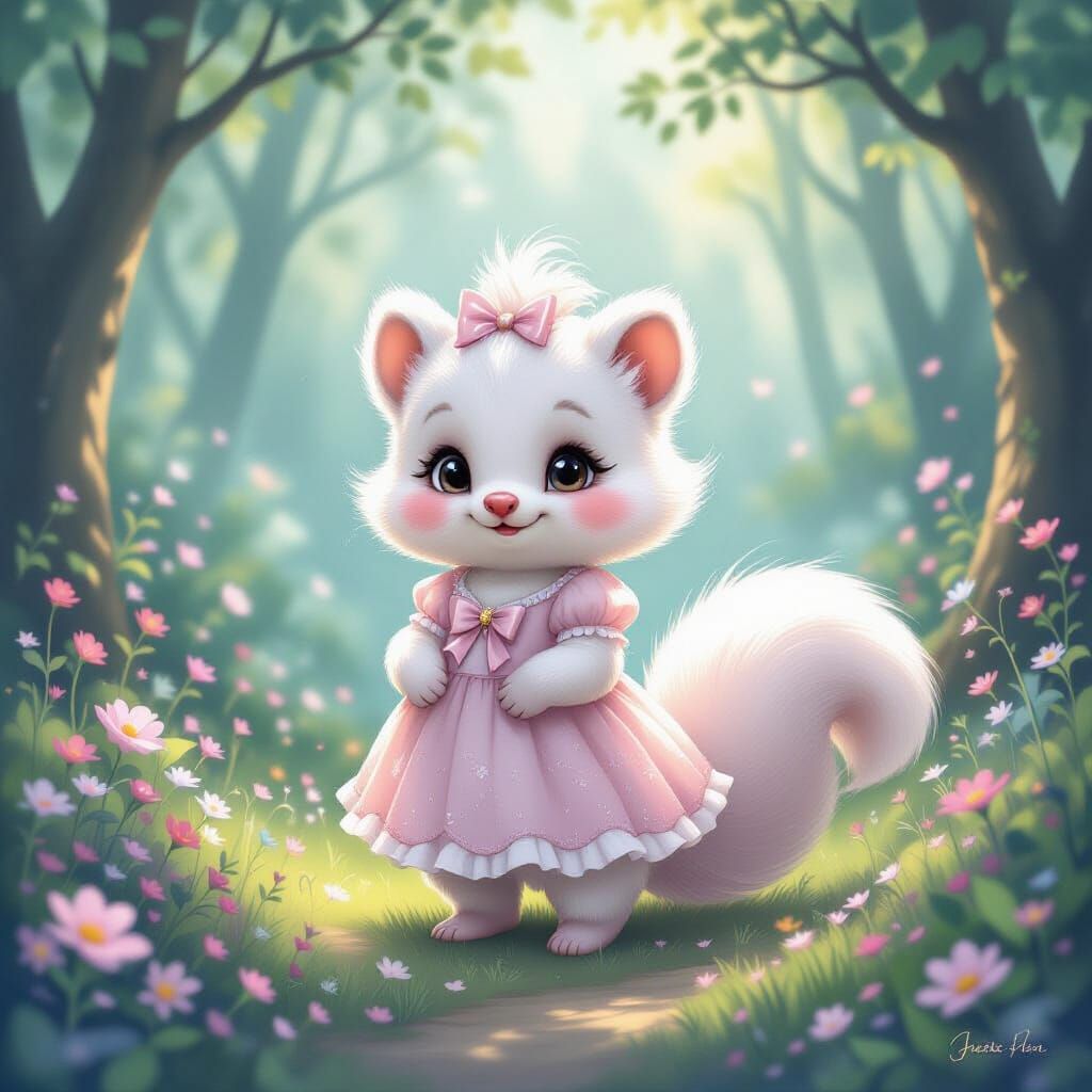 Whimsical Pink Skunk in Enchanted Forest