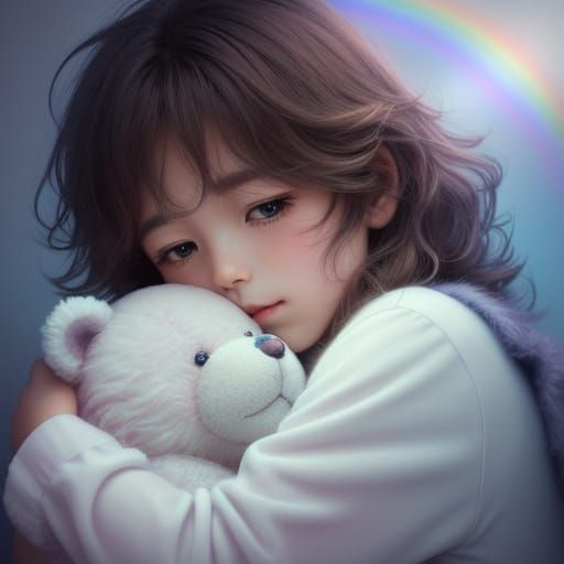 Child Embraces Teddy Bear on Rainbow in Whimsical Digital Ar...