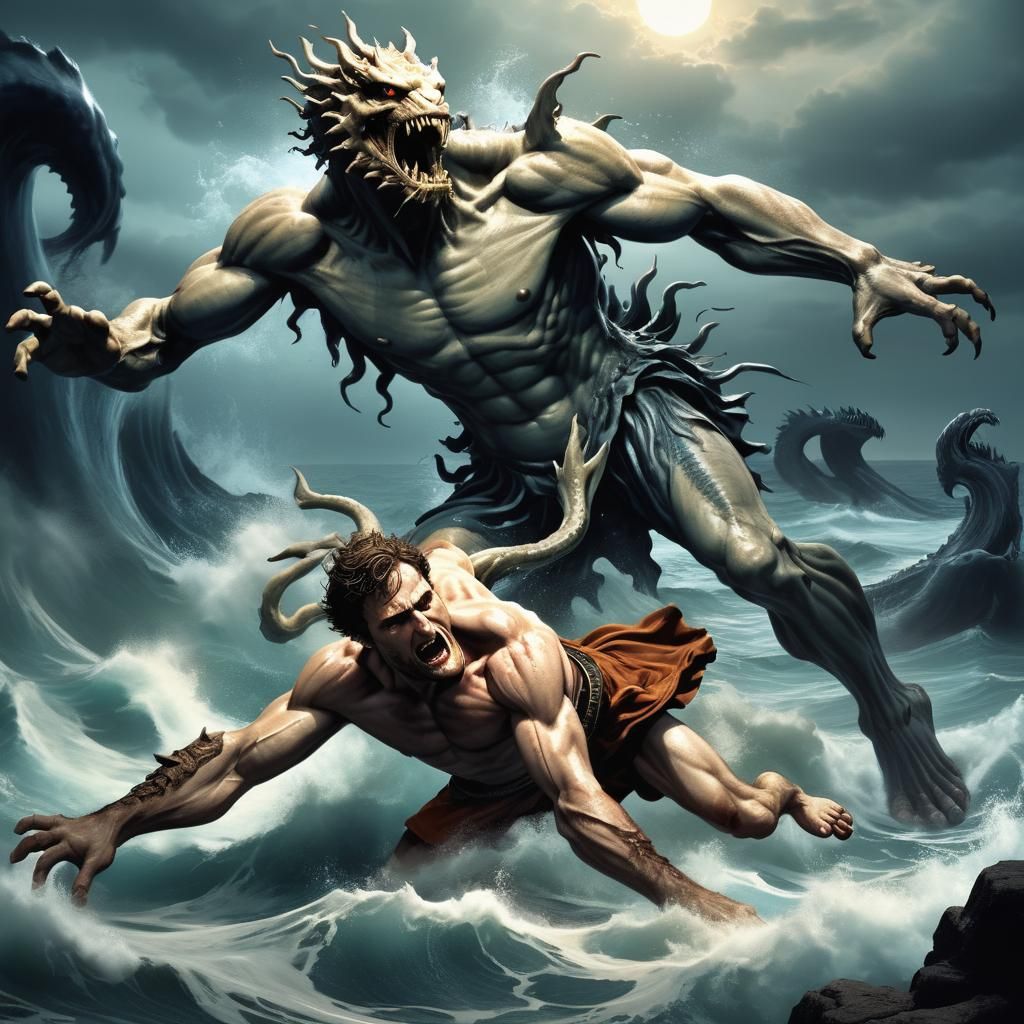 Hippolytus' Demise: Sea Monster Attack in Hyperrealism