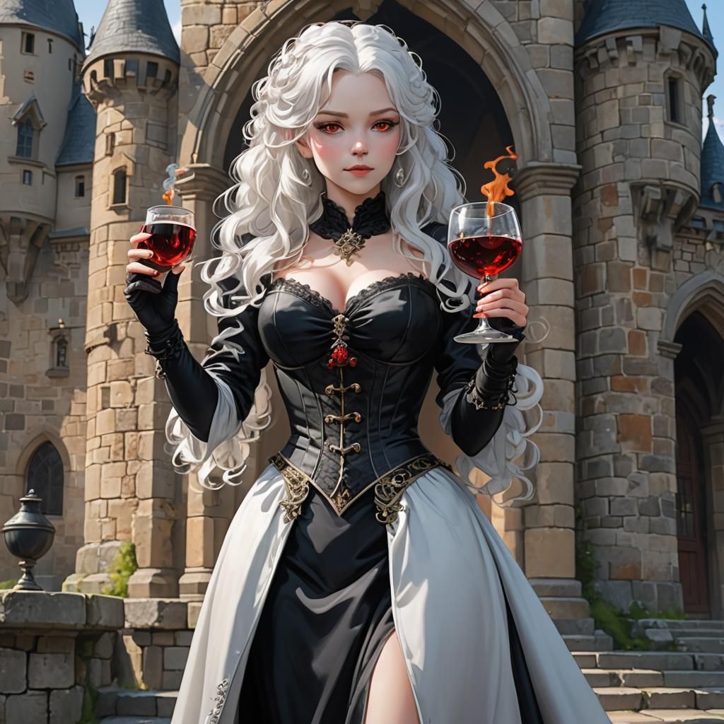 Anime Woman with Goblet and Pipe at Castle