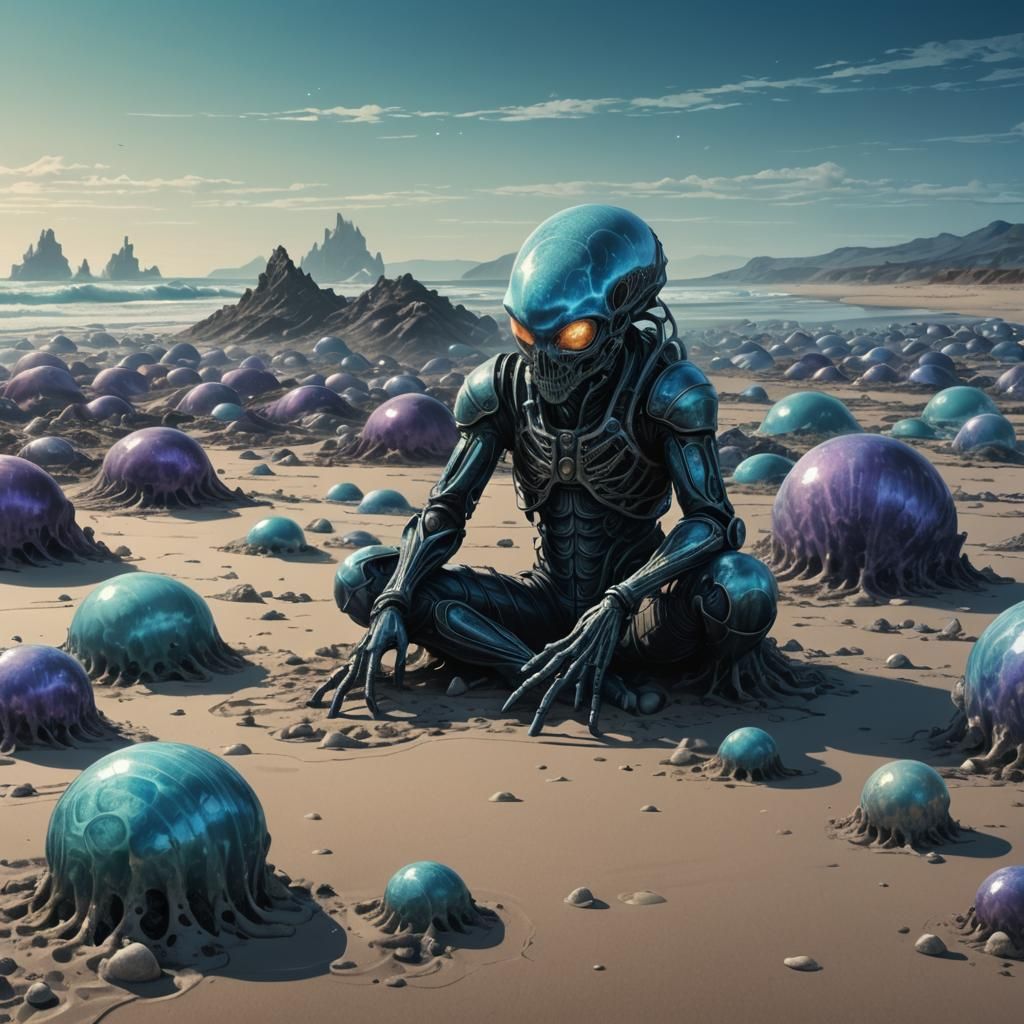 Alien Beach with Translucent Shells: Ink Art