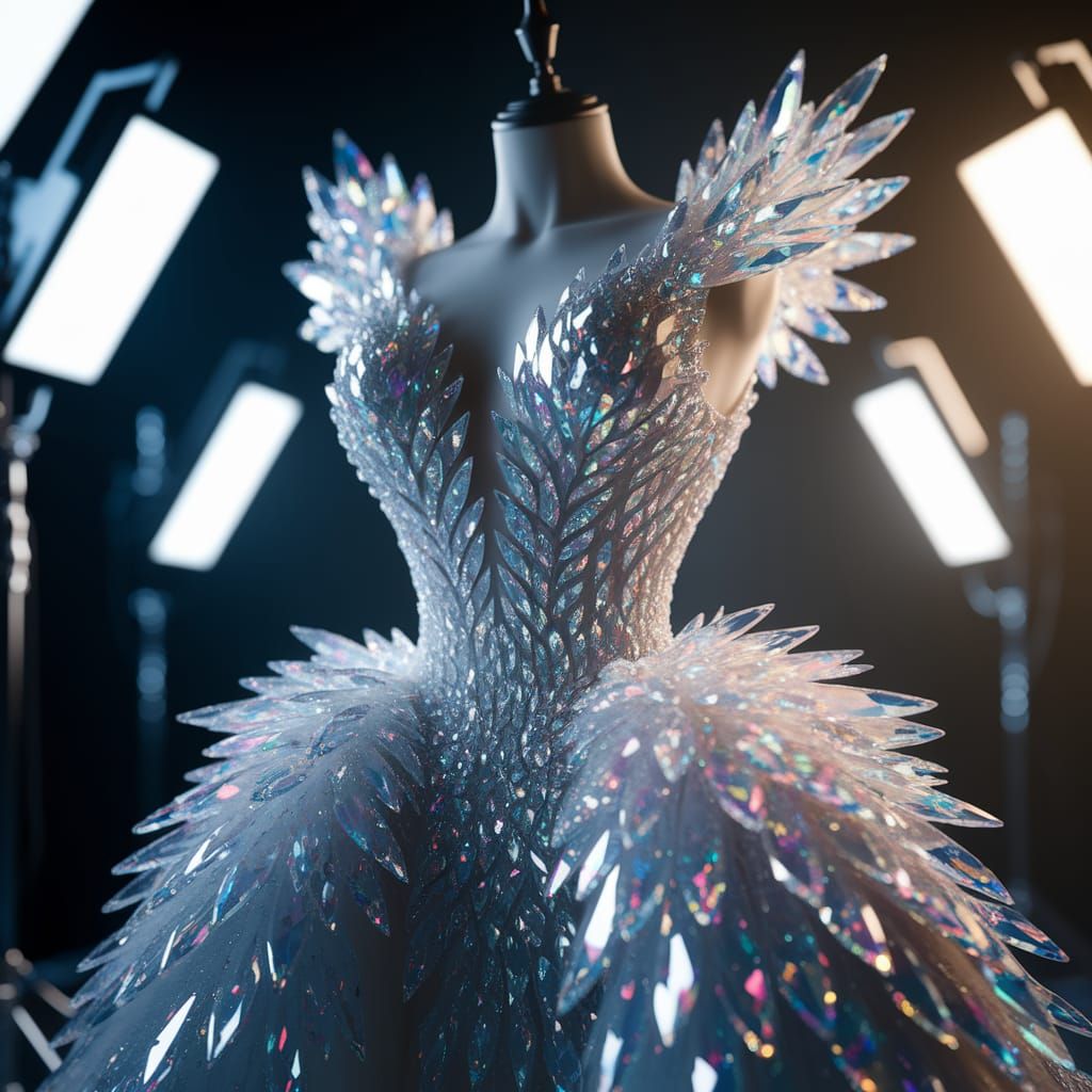 Iridescent Glass Gown: Crystal Feathers and Leaves