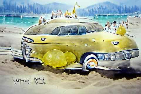 Yellow 1954 Mercury Sun Valley Watercolor on Beach