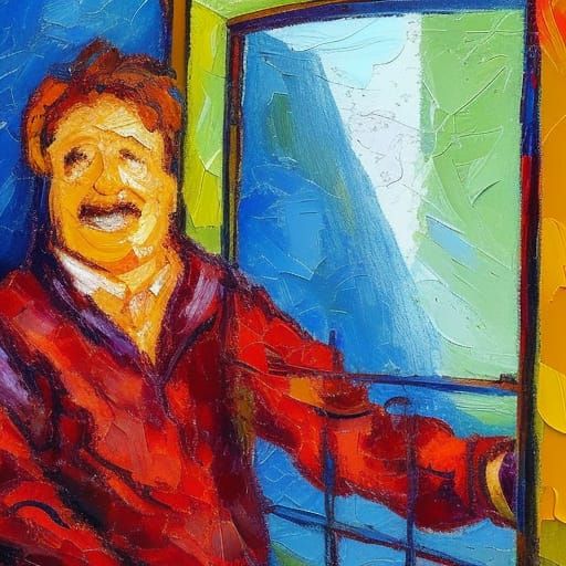 Smiling Man at Window: Expressionist Oil Painting