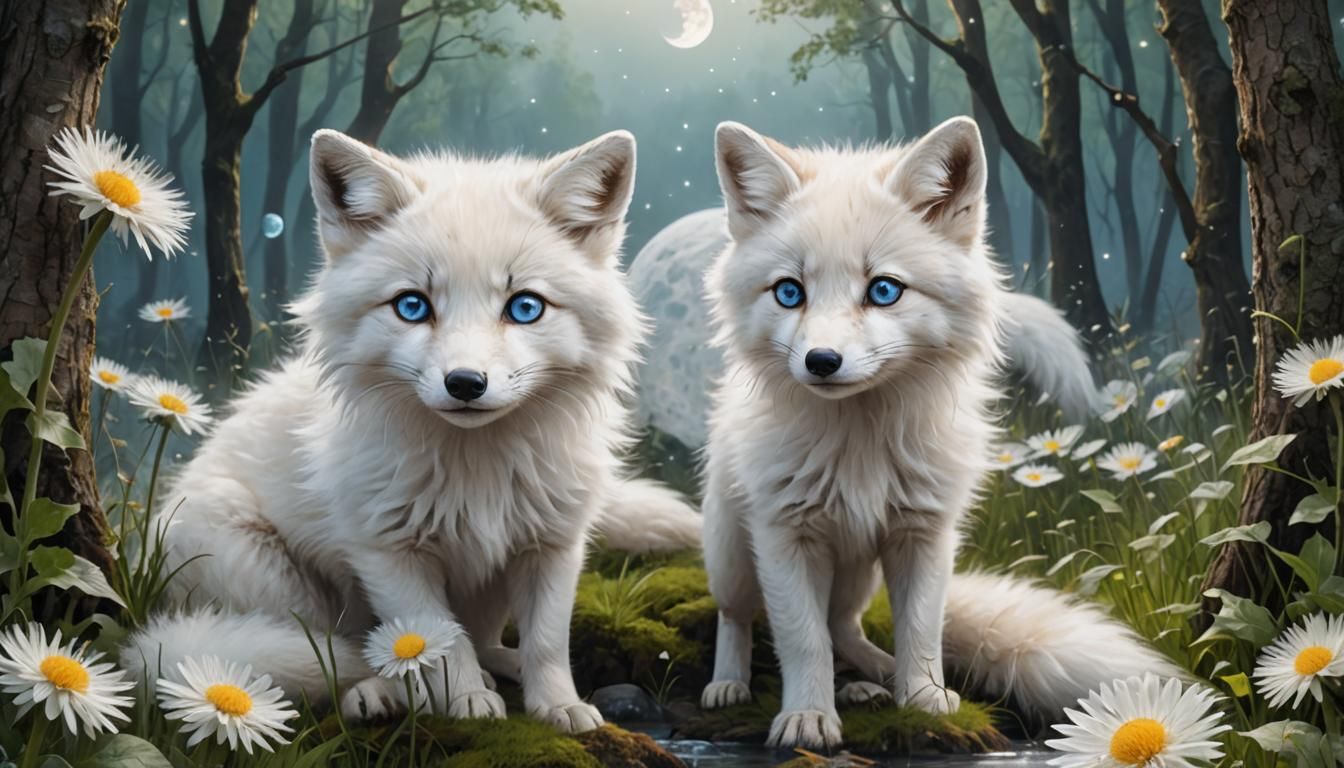 Cute White Fox with Blue Eyes and Two Moons