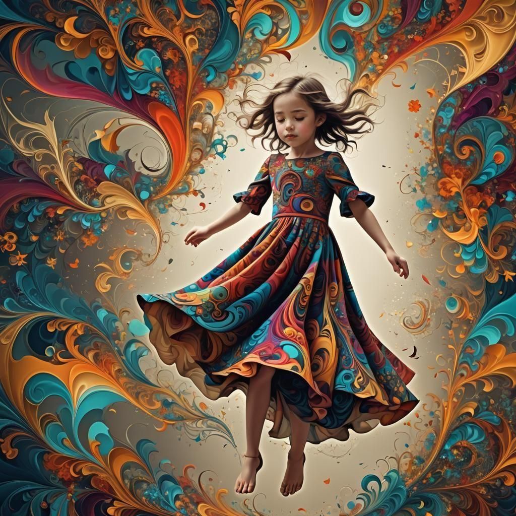 Girl Falling in Midair with Fractal Background