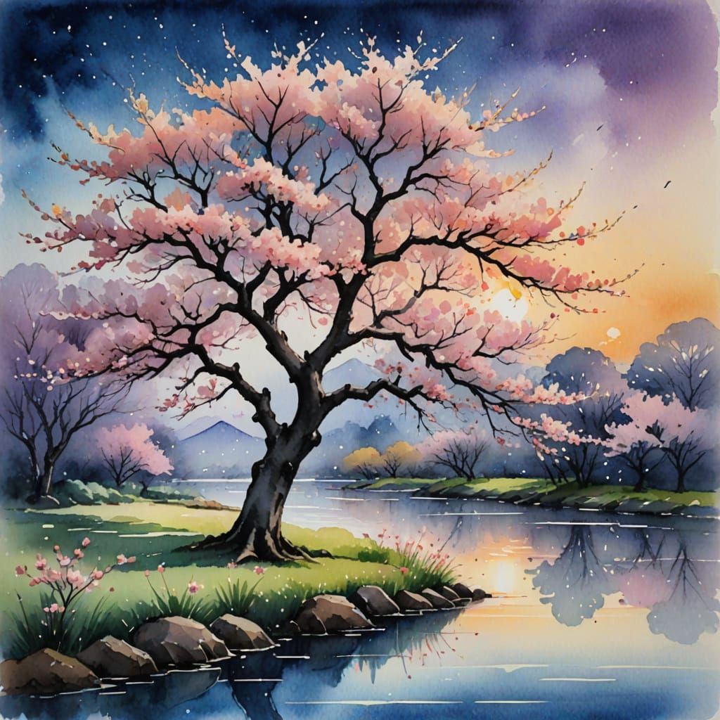 Cherry Blossom Tree in Soft Watercolour Twilight