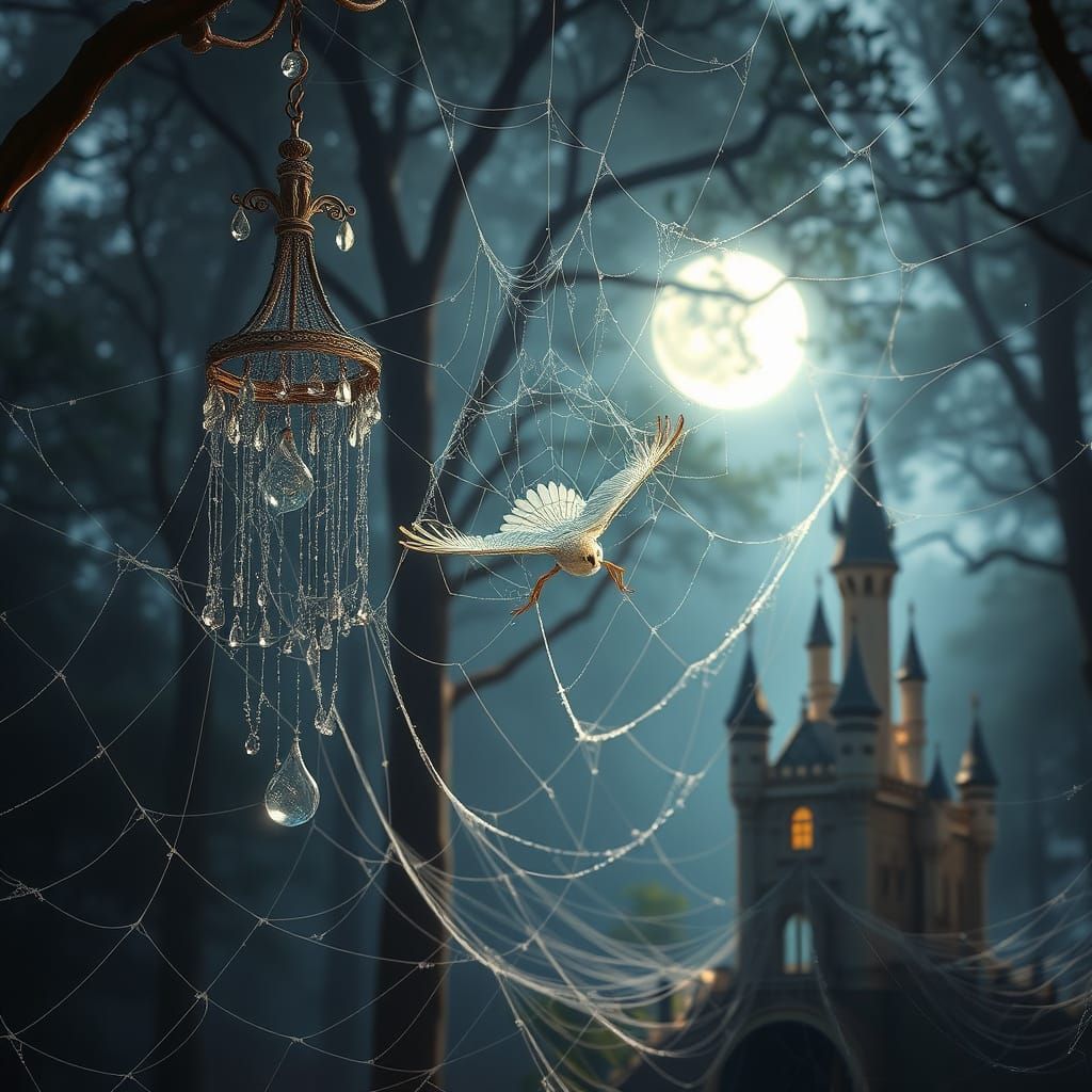 Ethereal Spiderweb Sculptures in Moonlight