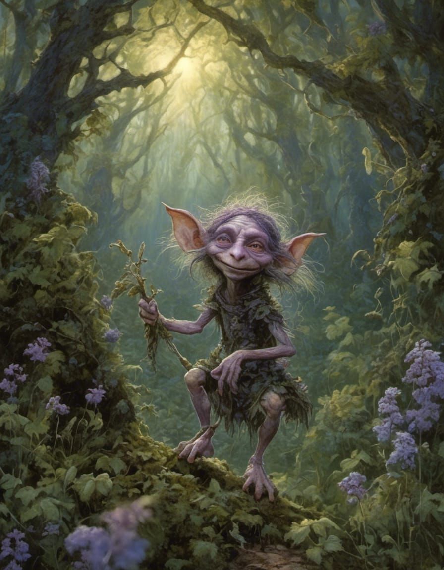 Happy Goblin Mystic in Lavender Field at Dawn