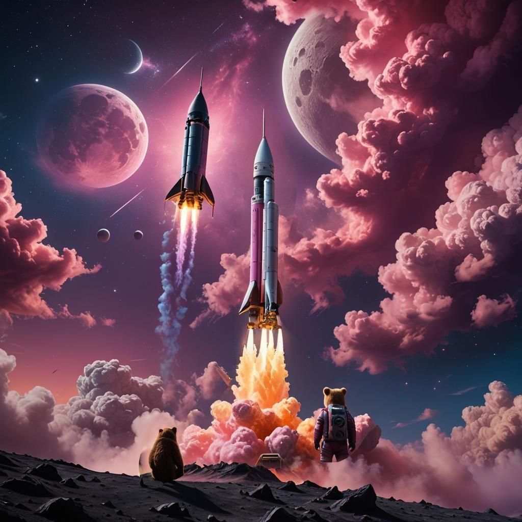 Rocket and Bear on Moon in Detailed Matte Painting