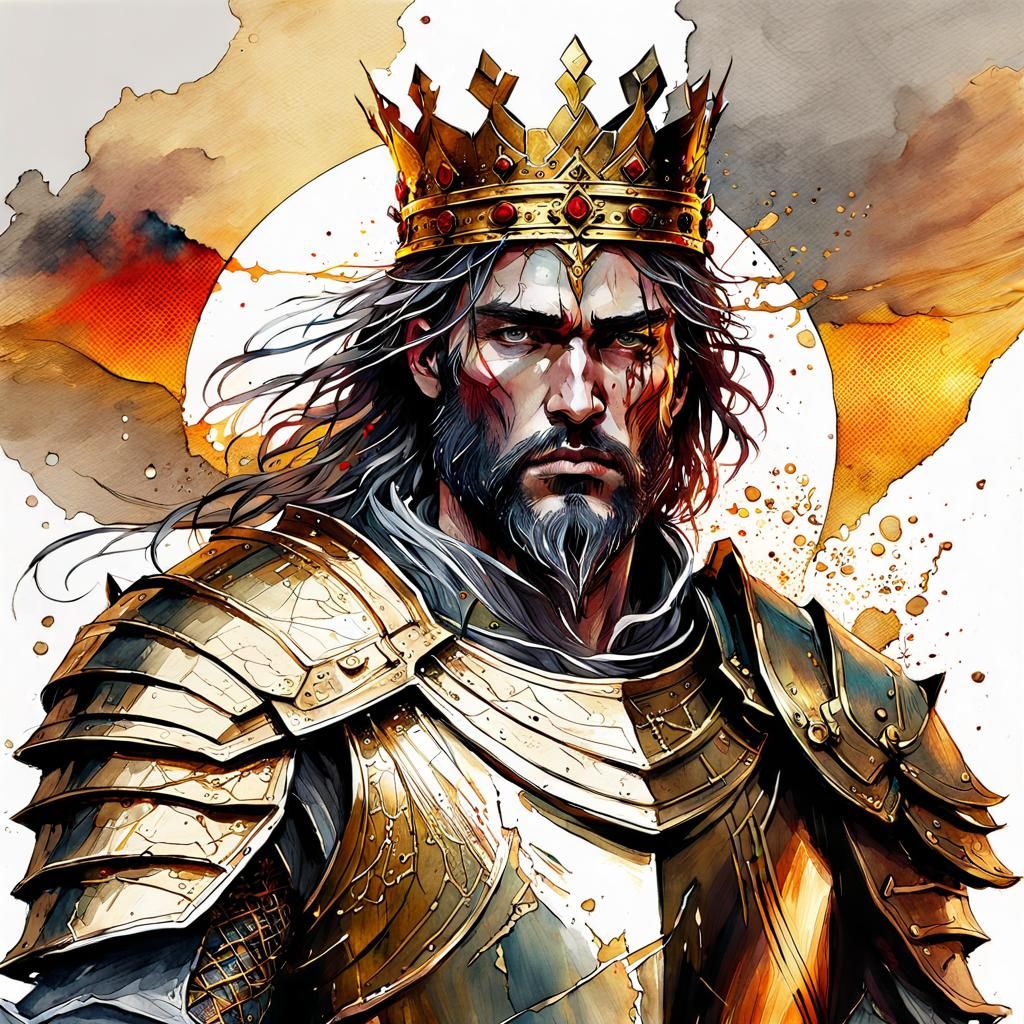 Fantasy King in Gold Armor: Digital Watercolor Art