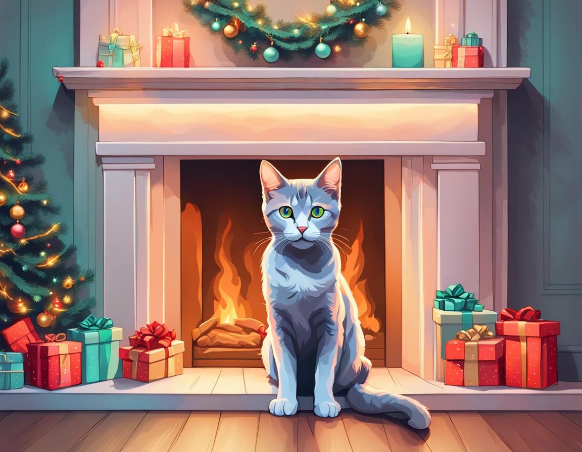 Christmas Fireplace with Kitten in Pop Art Style