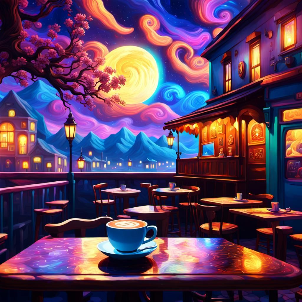 Nocturnal Café in Van Gogh-Inspired Anime Style