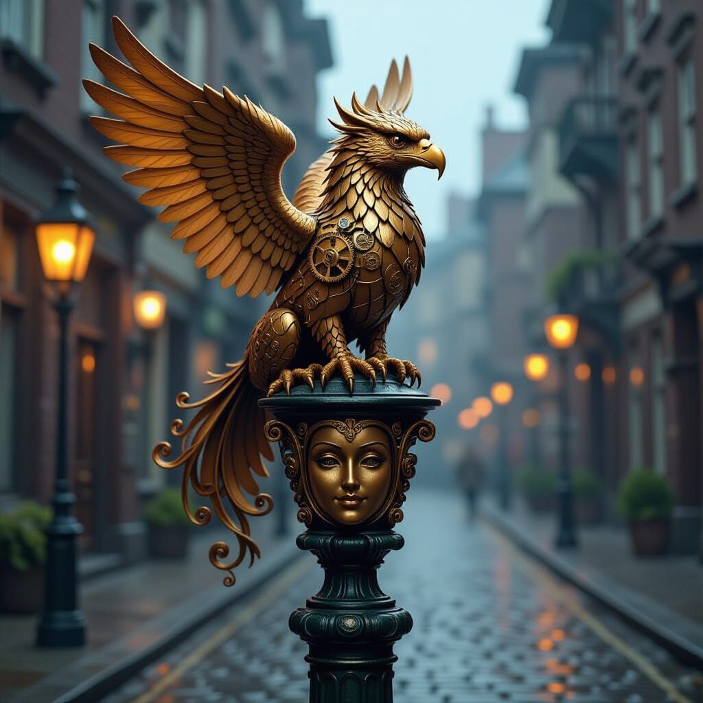 Steampunk Griffin on Victorian Lamppost in Gaslight Glow