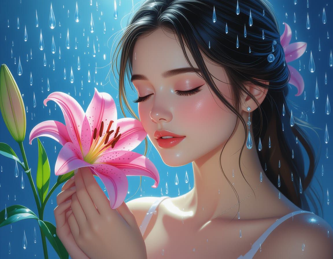 Woman with Pink Lily in Dreamlike Rain, Futuristic Realism